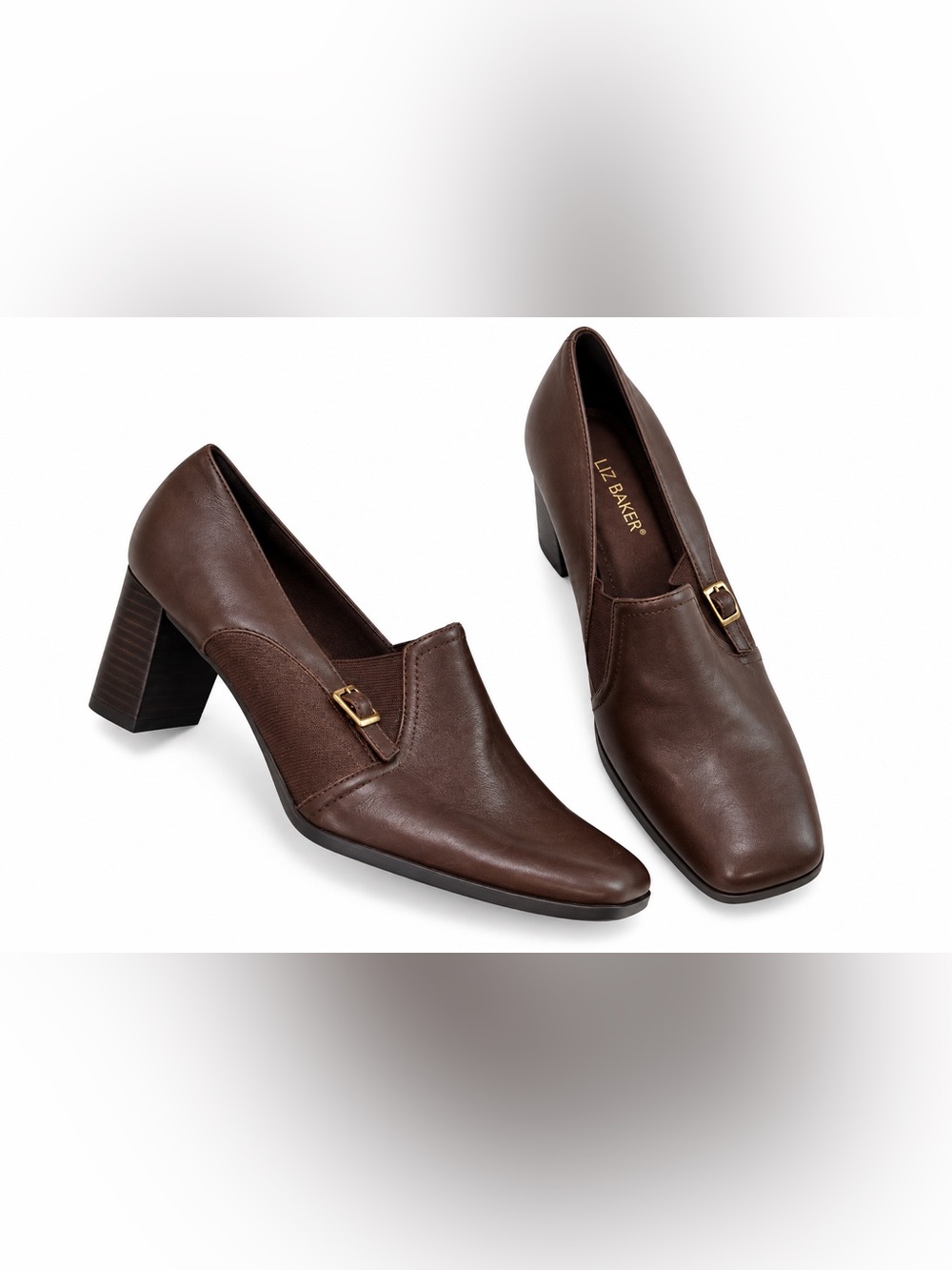 Liz Baker Brown Leather Block Heel Pumps Square Toe Vintage 90s 9